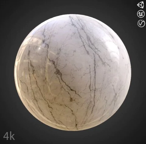 White marble 3D texture PBR material, high resolution, HD 4K free download for Unity, Unreal, and V-Ray