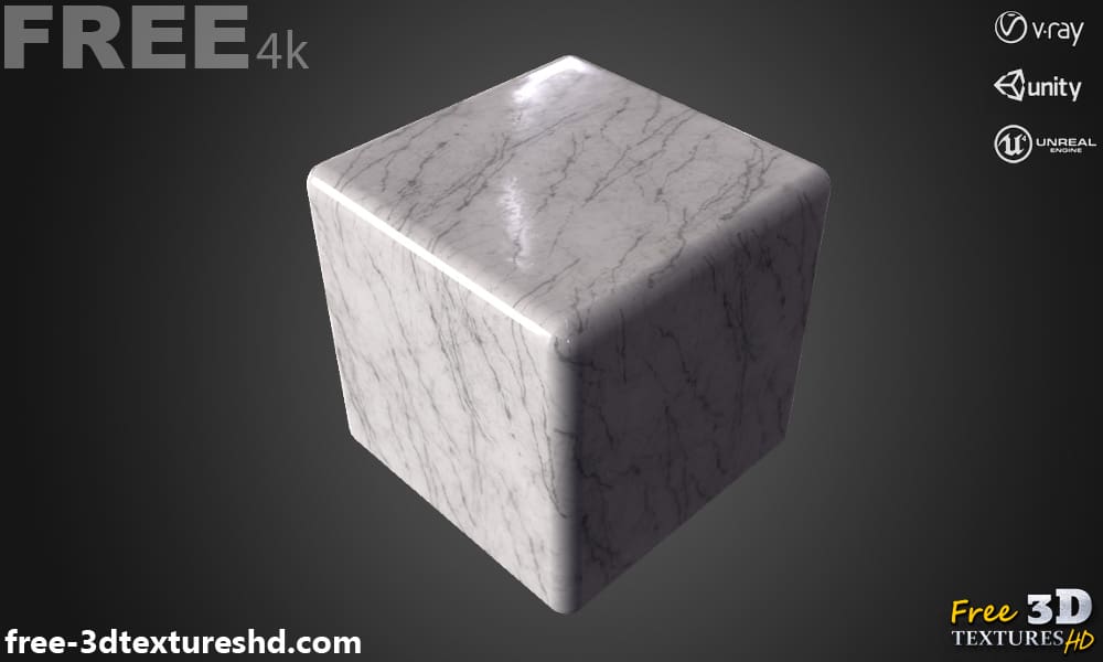 Matériau PBR à texture 3D en marbre blanc, haute résolution, HD 4K, téléchargement gratuit pour Unity, Unreal et V-Ray