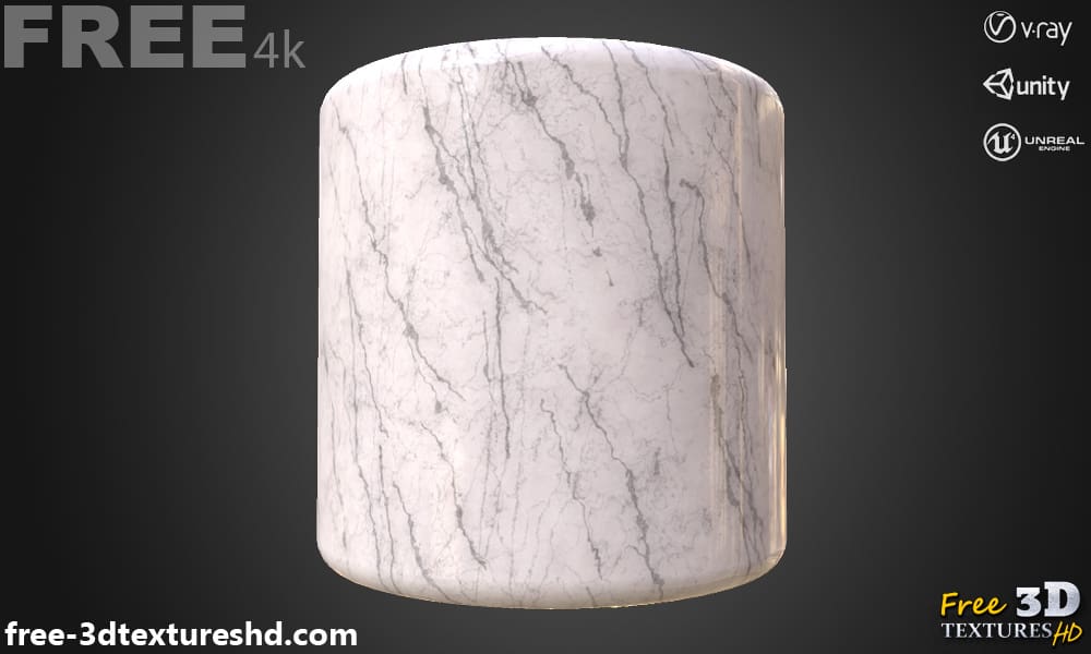 Matériau PBR à texture 3D en marbre blanc, haute résolution, HD 4K, téléchargement gratuit pour Unity, Unreal et V-Ray