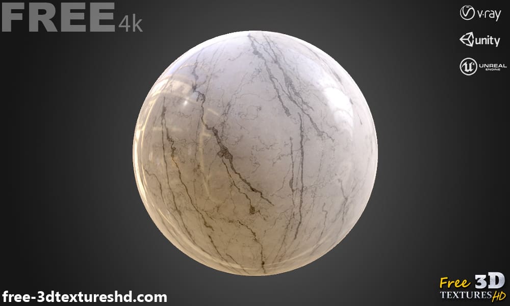 Texture 3D en marbre blanc PBR en haute résolution Téléchargement gratuit 4K pour Unreal Unity et Vray