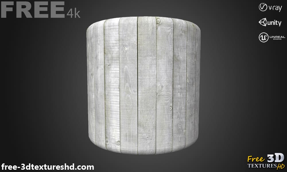 Planches de bois de pin gris blanc texture 3D matériau PBR, haute résolution, HD 4K téléchargement gratuit pour Unity, Unreal, et V-Ray