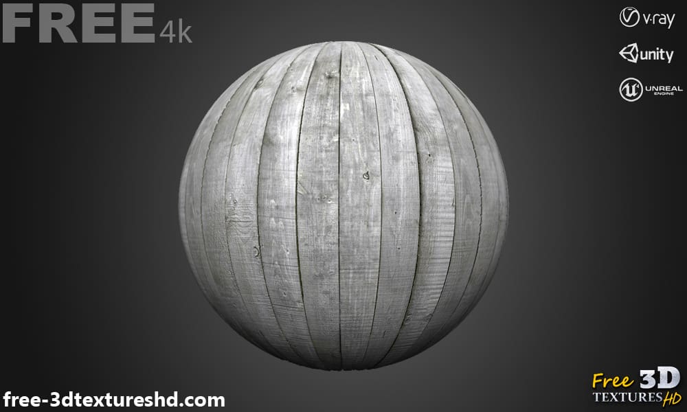 Planches de bois de pin gris blanc texture 3D matériau PBR, haute résolution, HD 4K téléchargement gratuit pour Unity, Unreal, et V-Ray