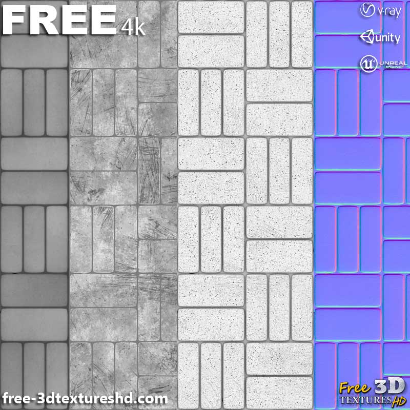 Texture 3D de chaussée en béton tressé PBR, haute résolution 4K, HD à télécharger gratuitement pour Unity, Unreal et V-Ray.