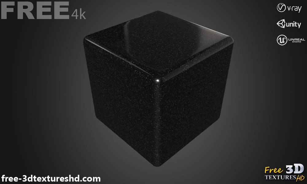 Texture 3D en marbre de granit noir PBR, haute résolution 4K, téléchargement gratuit HD pour Unity, Unreal et V-Ray