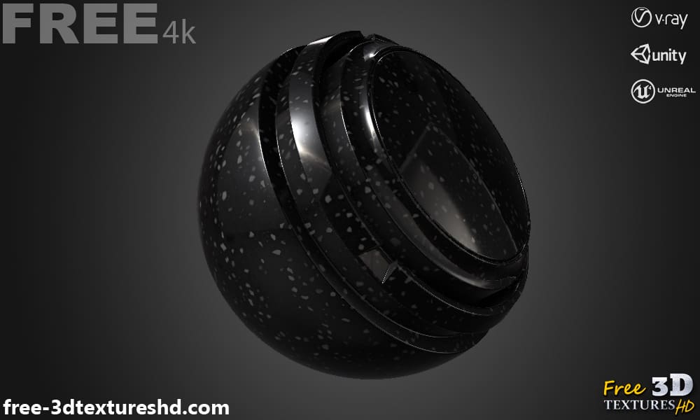 Texture 3D en marbre de granit noir PBR, haute résolution 4K, téléchargement gratuit HD pour Unity, Unreal et V-Ray