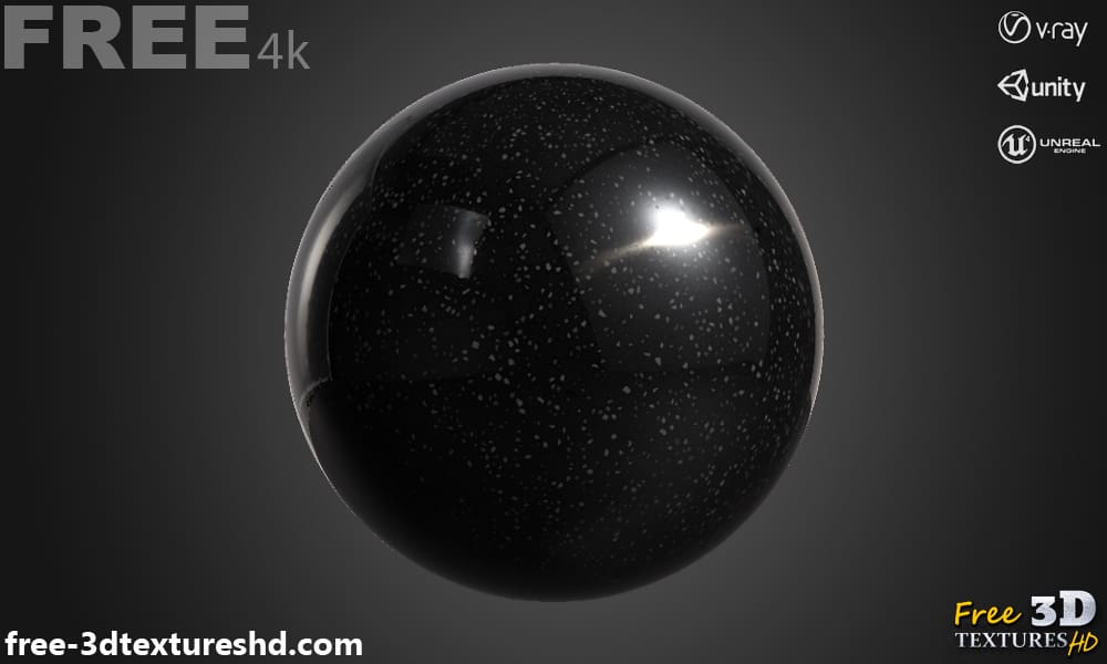 Texture 3D en marbre de granit noir PBR, haute résolution 4K, téléchargement gratuit HD pour Unity, Unreal et V-Ray