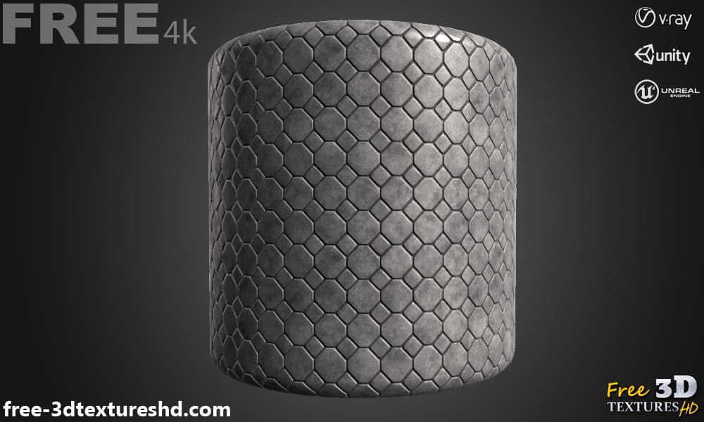 Textures 3D de chaussée hexagonale en béton 4K PBR, haute résolution, téléchargement gratuit HD pour Unity, Unreal et V-Ray