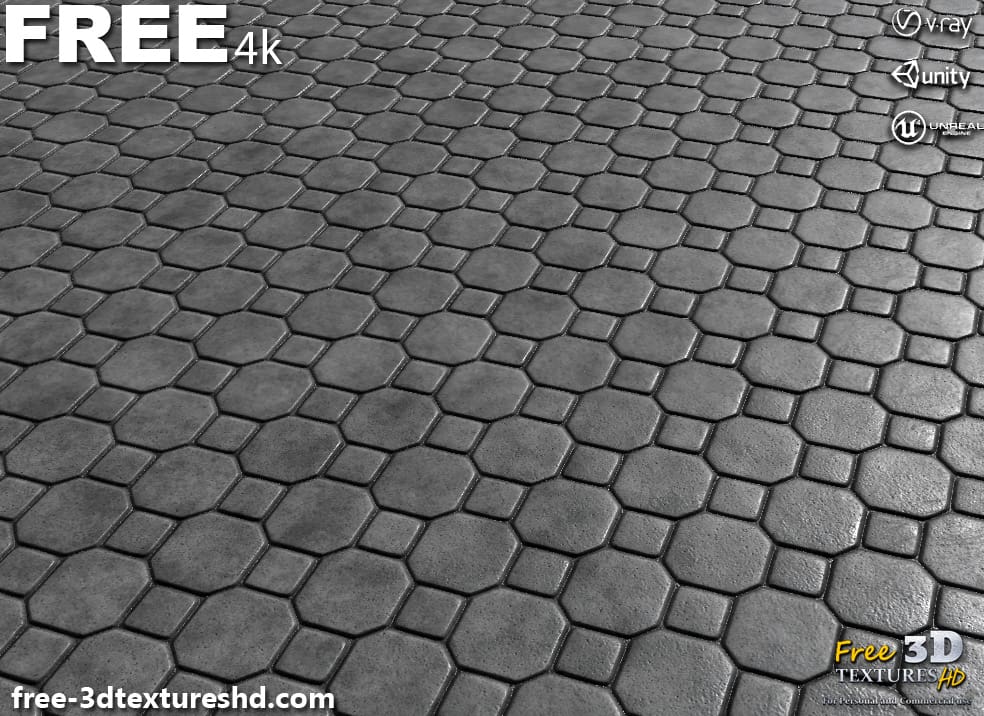 Textures 3D de chaussée hexagonale en béton 4K PBR, haute résolution, téléchargement gratuit HD pour Unity, Unreal et V-Ray