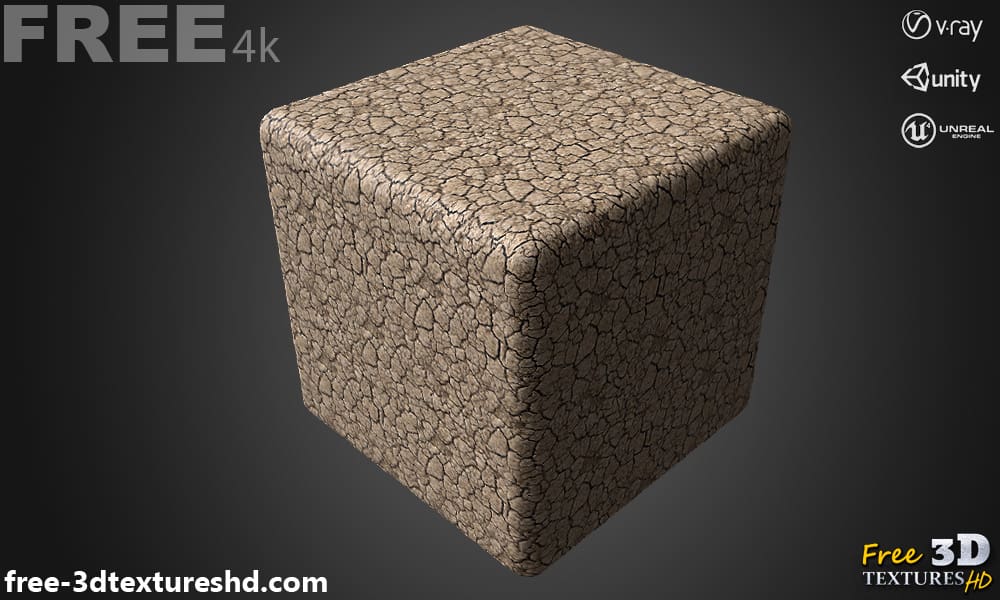sol craquelé texture 3D sans couture PBR, haute résolution 4K , HD à télécharger gratuitement pour Unity, Unreal, et V-Ray