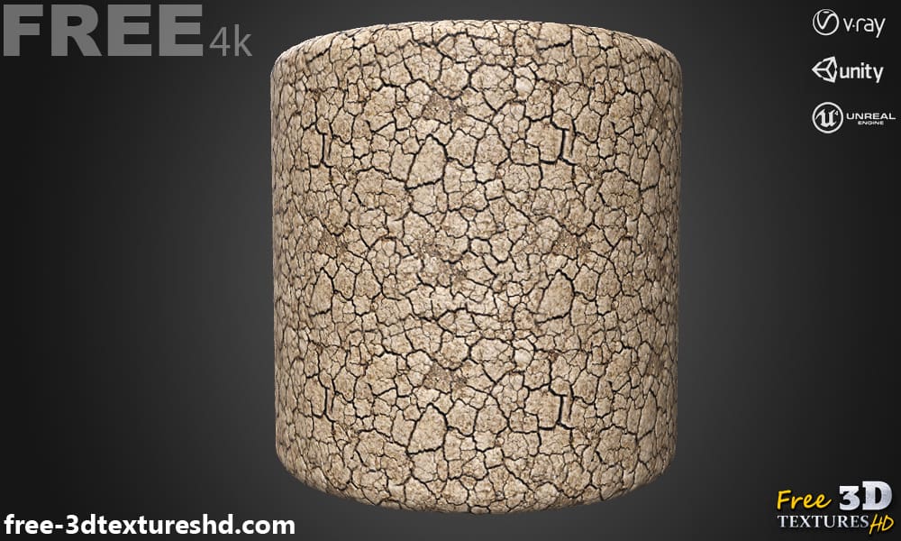 sol craquelé texture 3D sans couture PBR, haute résolution 4K , HD à télécharger gratuitement pour Unity, Unreal, et V-Ray