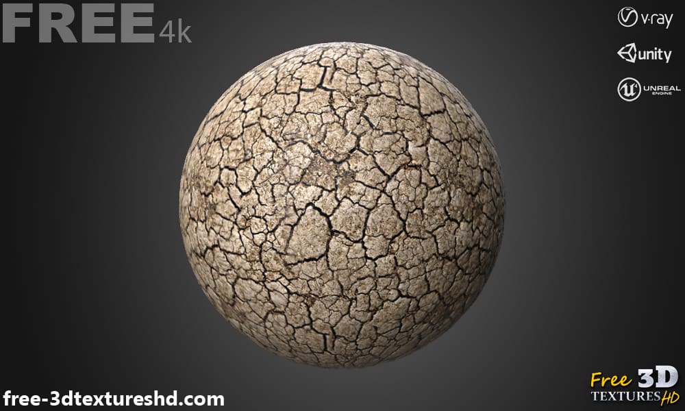 sol craquelé texture 3D sans couture PBR, haute résolution 4K , HD à télécharger gratuitement pour Unity, Unreal, et V-Ray