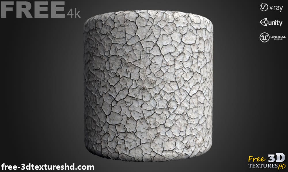 Texture 3D sans couture pour sol blanc craquelé PBR, haute résolution 4K , HD à télécharger gratuitement pour Unity, Unreal, V-Ray, et le rendu.