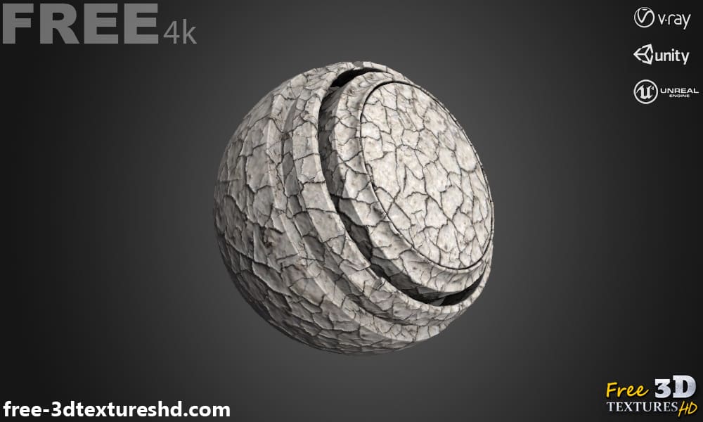 Texture 3D sans couture pour sol blanc craquelé PBR, haute résolution 4K , HD à télécharger gratuitement pour Unity, Unreal, V-Ray, et le rendu.