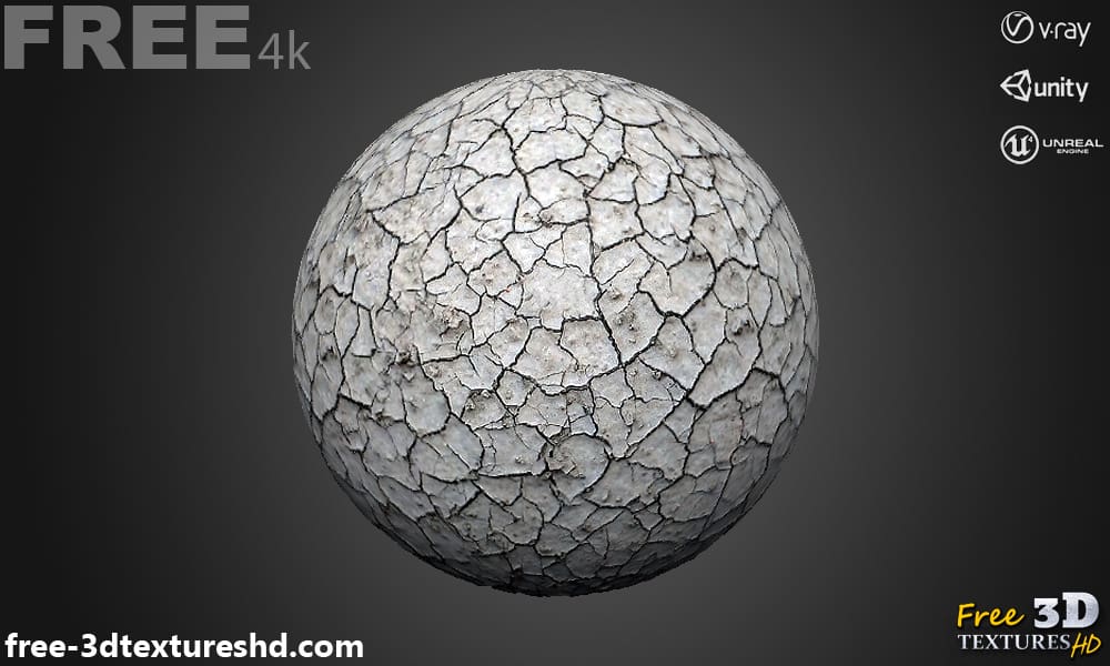 Texture 3D sans couture pour sol blanc craquelé PBR, haute résolution 4K , HD à télécharger gratuitement pour Unity, Unreal, V-Ray, et le rendu.