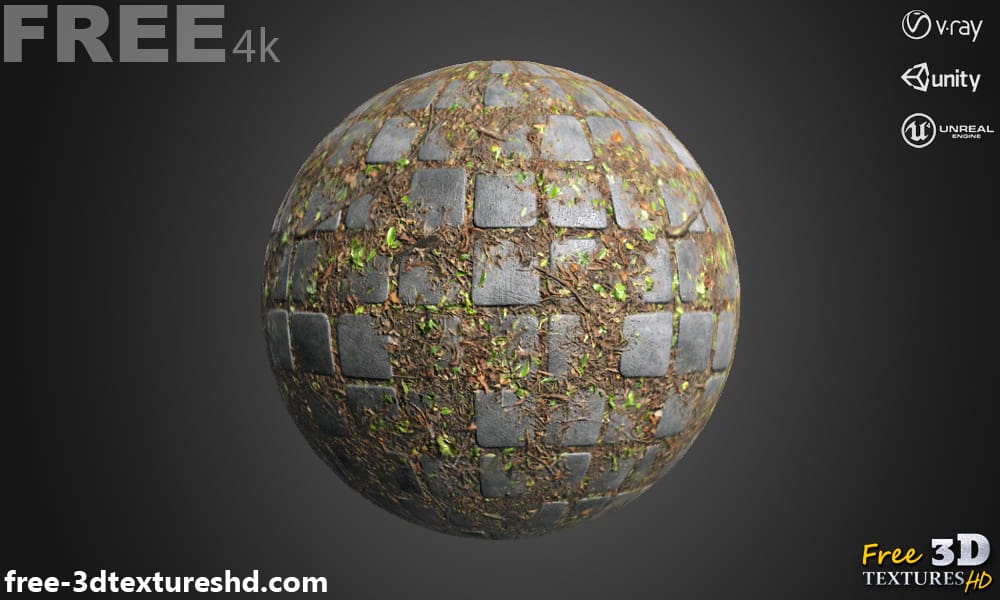 Textures 3D PBR de pavé en béton sale 4K, haute résolution, HD téléchargement gratuit pour Unity, Unreal et V-Ray