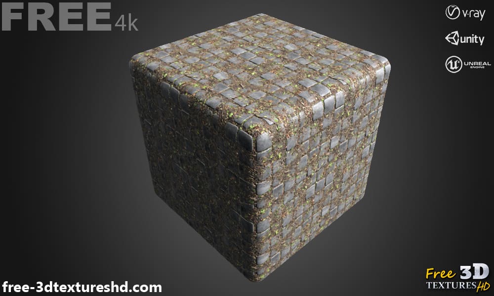 Textures 3D PBR de pavé en béton sale 4K, haute résolution, HD téléchargement gratuit pour Unity, Unreal et V-Ray