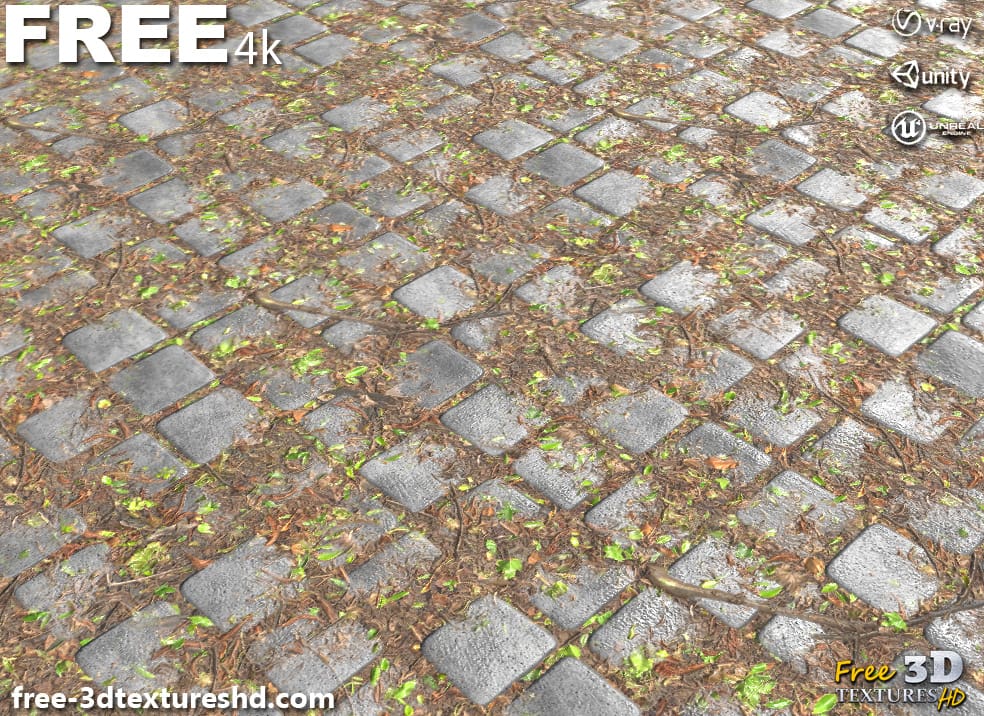 Textures 3D PBR de pavé en béton sale 4K, haute résolution, HD téléchargement gratuit pour Unity, Unreal et V-Ray