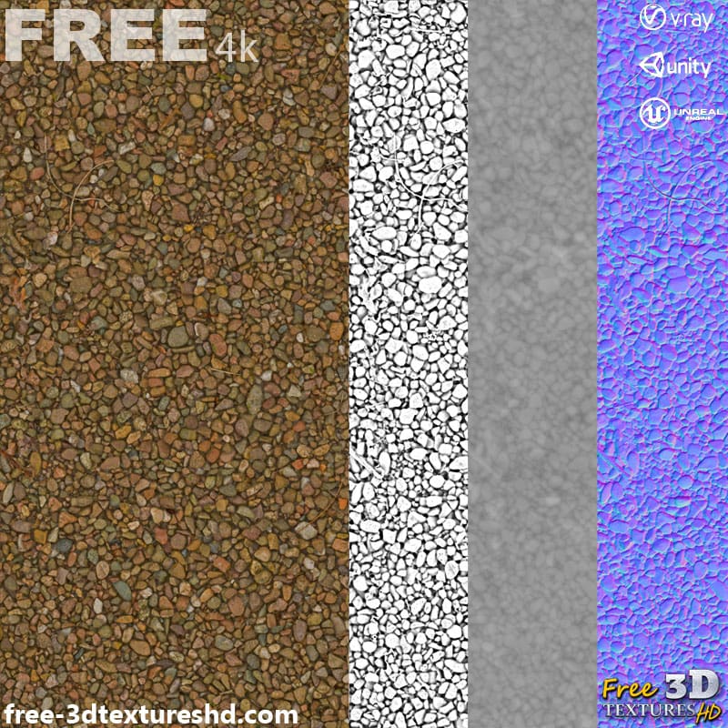Texture 3D de gravier PBR, haute résolution 4K, HD téléchargement gratuit pour Unity, Unreal et V-Ray