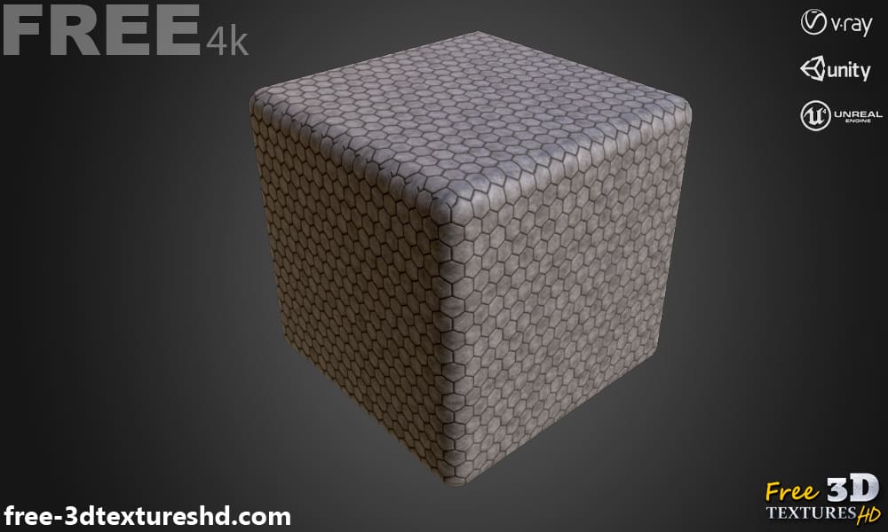 Texture PBR 3D de pavage hexagonal en béton en haute résolution à télécharger gratuitement en 4K pour Unreal Unity et Vray