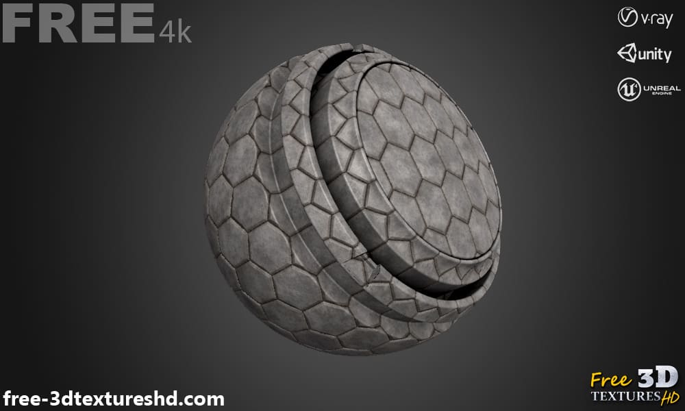 Texture PBR 3D de pavage hexagonal en béton en haute résolution à télécharger gratuitement en 4K pour Unreal Unity et Vray