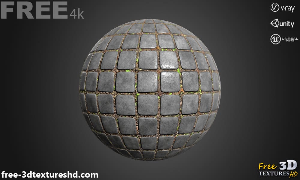 Pavage en béton ancien avec texture 3D d'herbe PBR en haute résolution, téléchargement gratuit 4K pour Unreal Unity et Vray