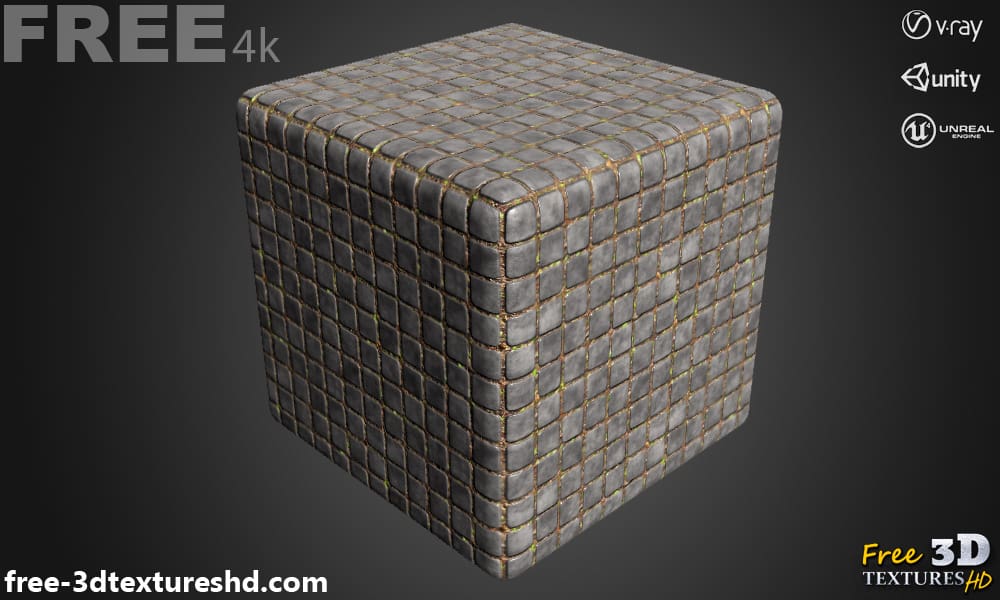 Pavage en béton ancien avec texture 3D d'herbe PBR en haute résolution, téléchargement gratuit 4K pour Unreal Unity et Vray
