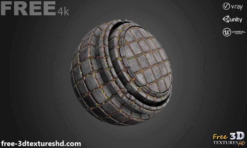 4K vieux trottoir en béton avec herbe textures 3D PBR, haute résolution, HD à télécharger gratuitement pour Unity, Unreal, et V-Ray