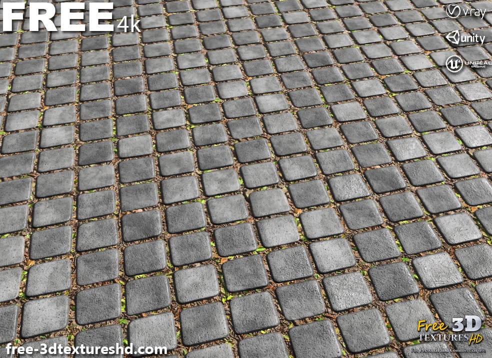 Pavage en béton ancien avec texture 3D d'herbe PBR en haute résolution, téléchargement gratuit 4K pour Unreal Unity et Vray