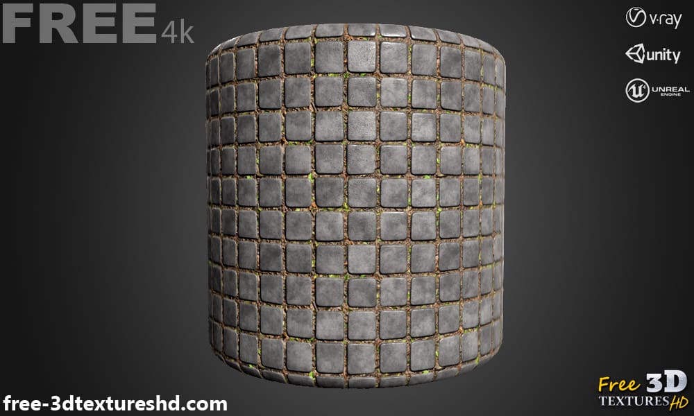 4K vieux trottoir en béton avec herbe textures 3D PBR, haute résolution, HD à télécharger gratuitement pour Unity, Unreal, et V-Ray