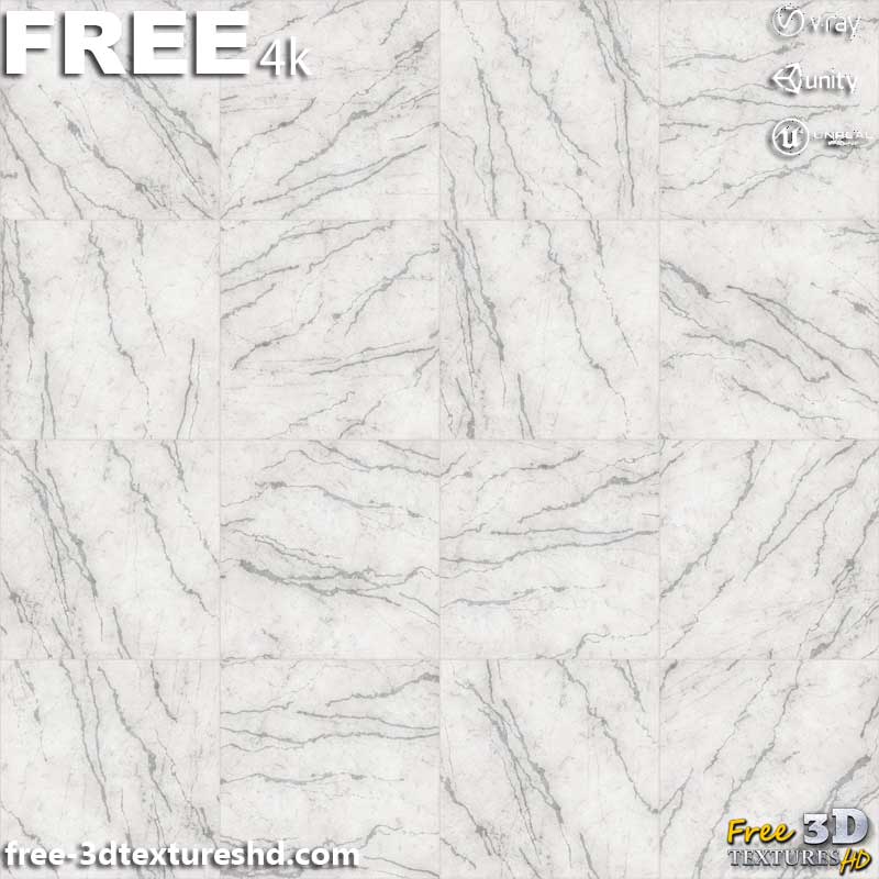 White Marble Floor Tiles 3D Texture PBR Material Background Free Download 4K Unity Unreal Vray Render