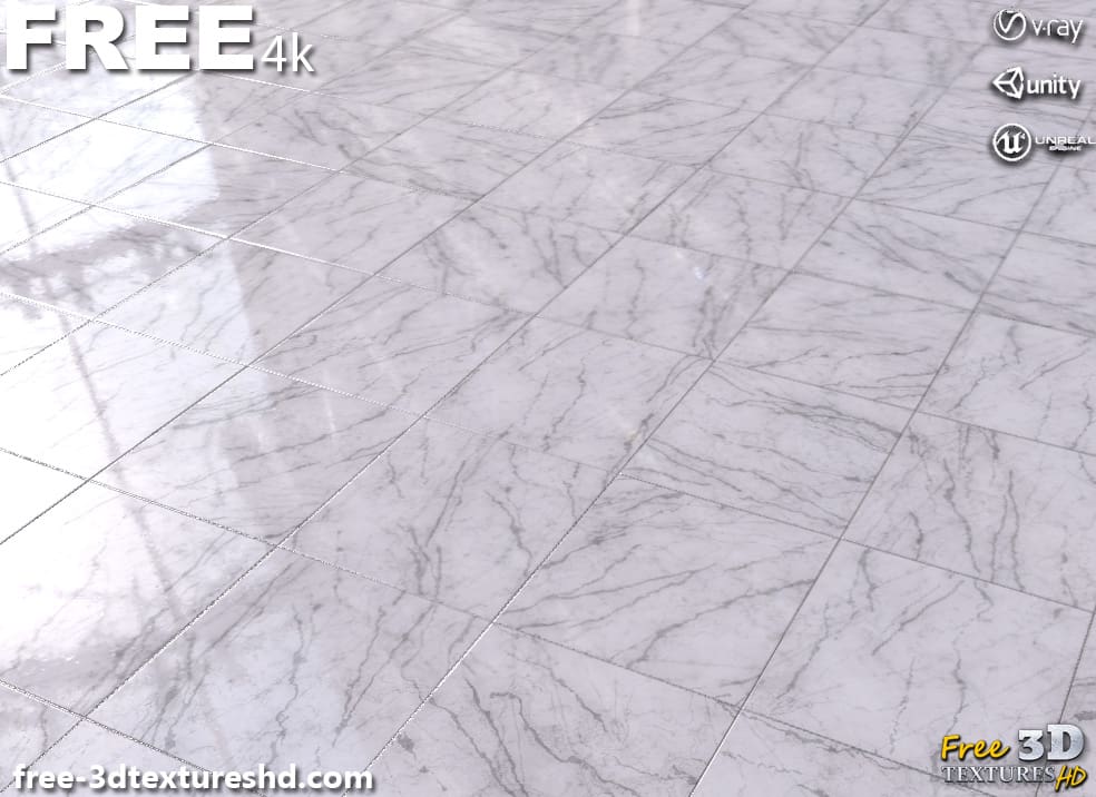 White Marble Floor Tiles 3D Texture PBR Material Background Free Download 4K Unity Unreal Vray Render