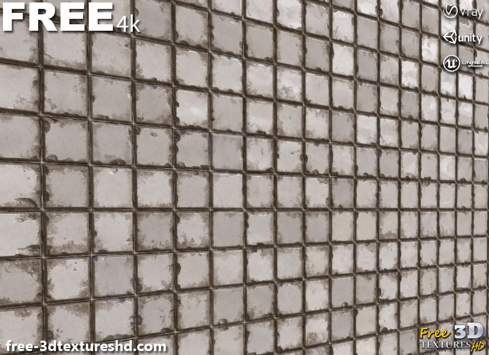 Texture 3D de tuile sale ancienne blanche PBR haute résolution 4K Téléchargement gratuit pour Unreal Unity et Vray