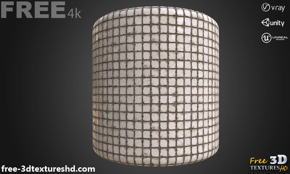 Texture 3D de vieux carrelage blanc sale - Matériau PBR - Fond gratuit en 4K - Maps pour Unity, Unreal et Vray