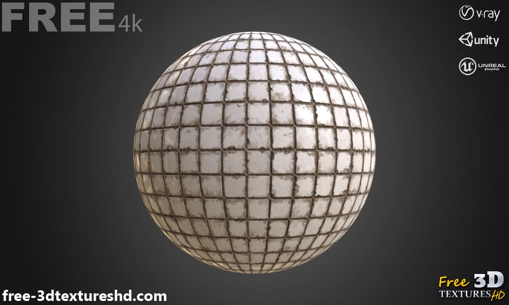 Texture 3D de vieux carrelage blanc sale - Matériau PBR - Fond gratuit en 4K - Maps pour Unity, Unreal et Vray
