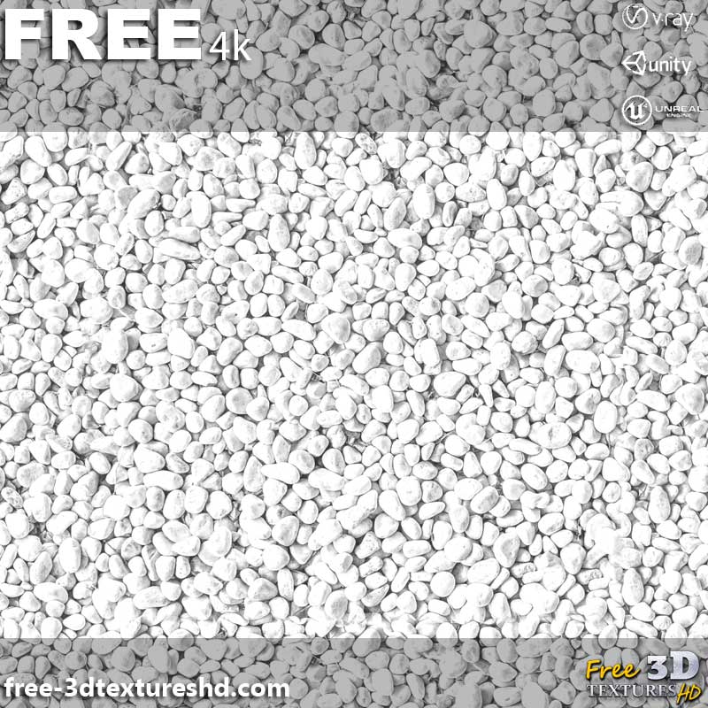 Texture 3D PBR de pierres blanches de galets au sol en haute résolution, téléchargement gratuit 4K pour Unreal Unity et Vray