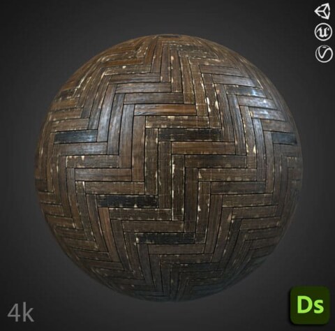 Vieux parquet en bois endommagé motif chevron PBR haute résolution générateur de substances 3D Designer SBS SBSAR téléchargement gratuit des textures