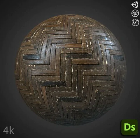 Old Damaged Wood Floor Parquet Herringbone PBR High Resolution Substance 3D Designer SBS SBSAR generator Free Download Maps