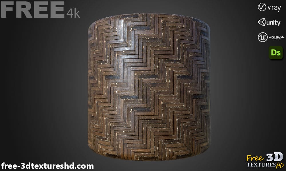 Vieux parquet en bois endommagé motif chevron PBR haute résolution générateur de substances 3D Designer SBS SBSAR téléchargement gratuit des textures