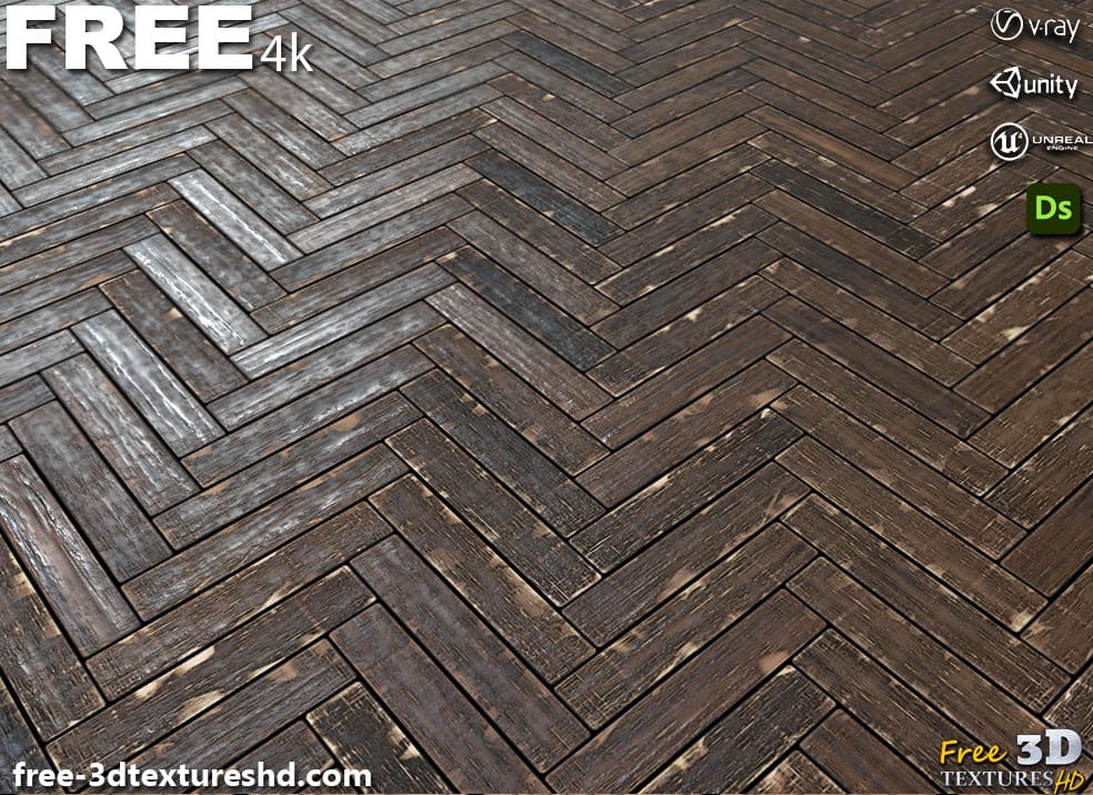 Parquet en bois ancien endommagé à chevrons PBR Substance haute résolution 3D Designer SBS SBSAR Téléchargement gratuit de cartes