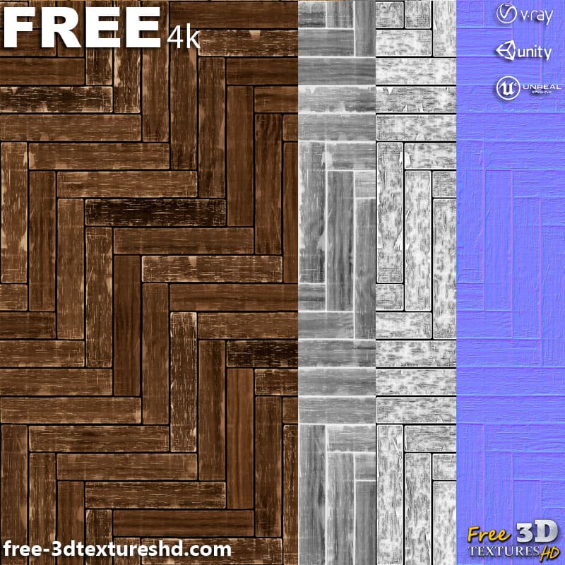 Parquet en bois ancien endommagé à chevrons PBR Substance haute résolution 3D Designer SBS SBSAR Téléchargement gratuit de cartes
