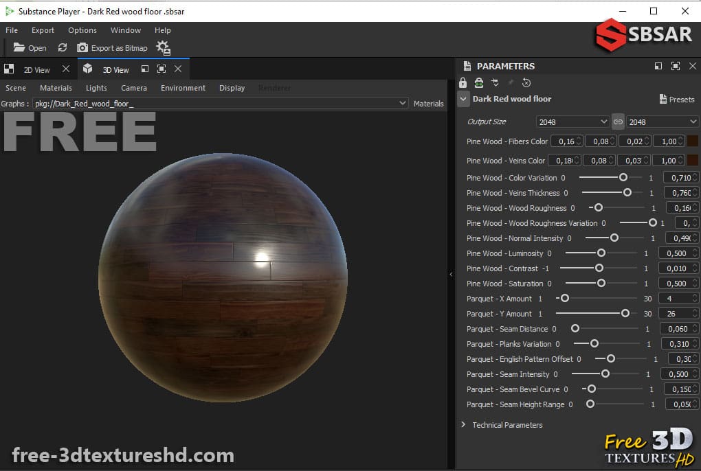 Générateur de Textures PBR de Parquet en Bois Rouge Foncé Substance SBSAR Téléchargement Gratuit