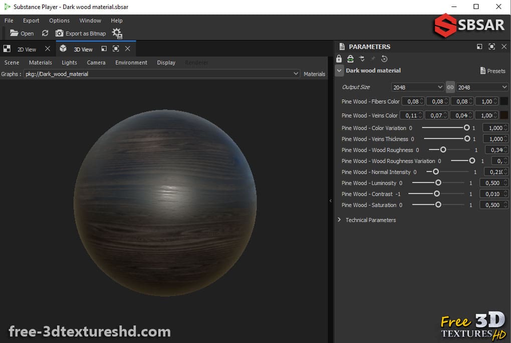 Générateur de textures de bois foncé Substance SBSAR Téléchargement gratuit Rendu haute résolution 4K Aperçu du lecteur Substance