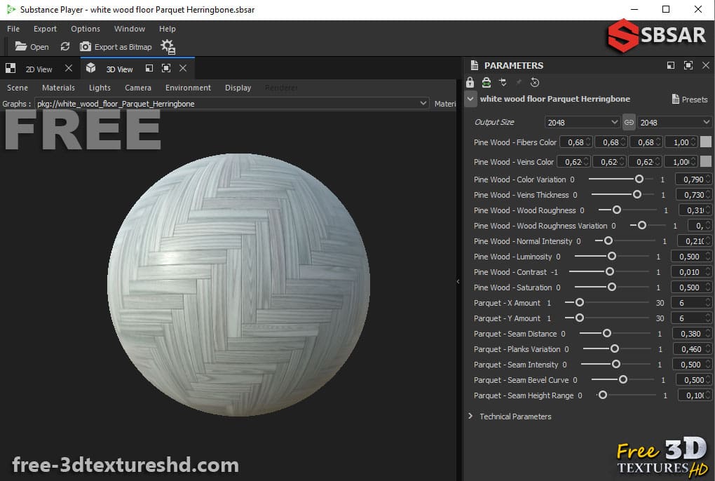 Générateur de textures PBR de parquet en bois blanc style chevron format Substance SBSAR téléchargement gratuit