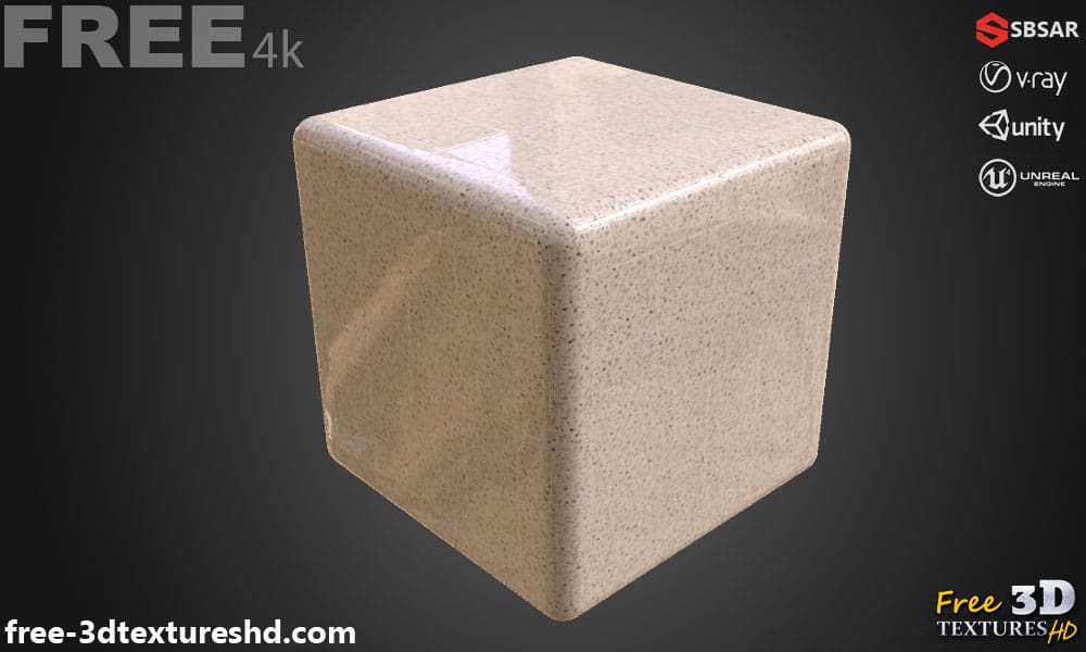 Carrelage de sol en céramique Beige avec motif terrazzo, texture PBR SBSAR transparente à télécharger gratuitement en haute résolution 4K pour Unity, Unreal Engine, et Vray