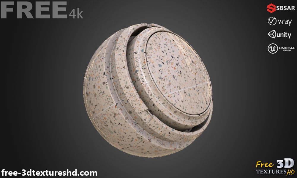 Carrelage de sol en céramique Beige avec motif terrazzo, texture PBR SBSAR transparente à télécharger gratuitement en haute résolution 4K pour Unity, Unreal Engine, et Vray