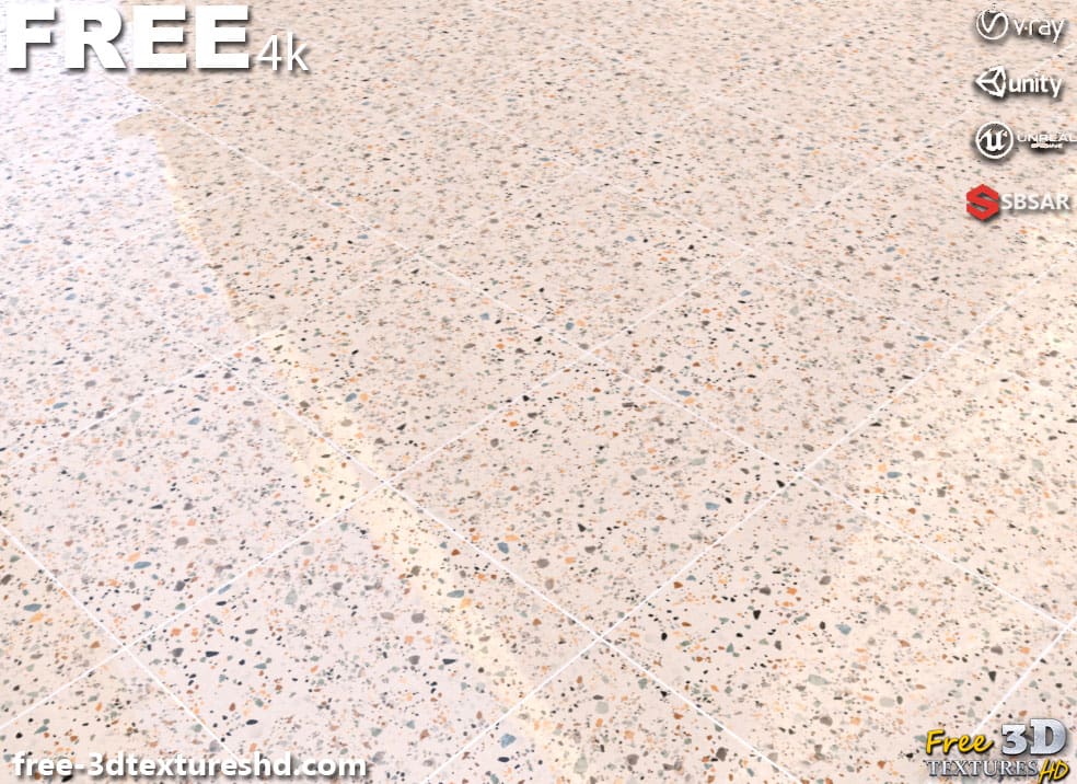 Carrelage de sol en céramique Beige avec motif terrazzo, texture PBR SBSAR transparente à télécharger gratuitement en haute résolution 4K pour Unity, Unreal Engine, et Vray