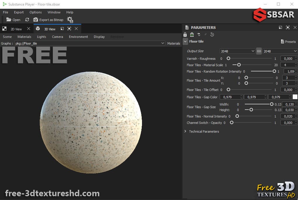 Carrelage de sol en céramique Beige avec motif terrazzo, texture PBR SBSAR transparente à télécharger gratuitement en haute résolution 4K pour Unity, Unreal Engine, et Vray