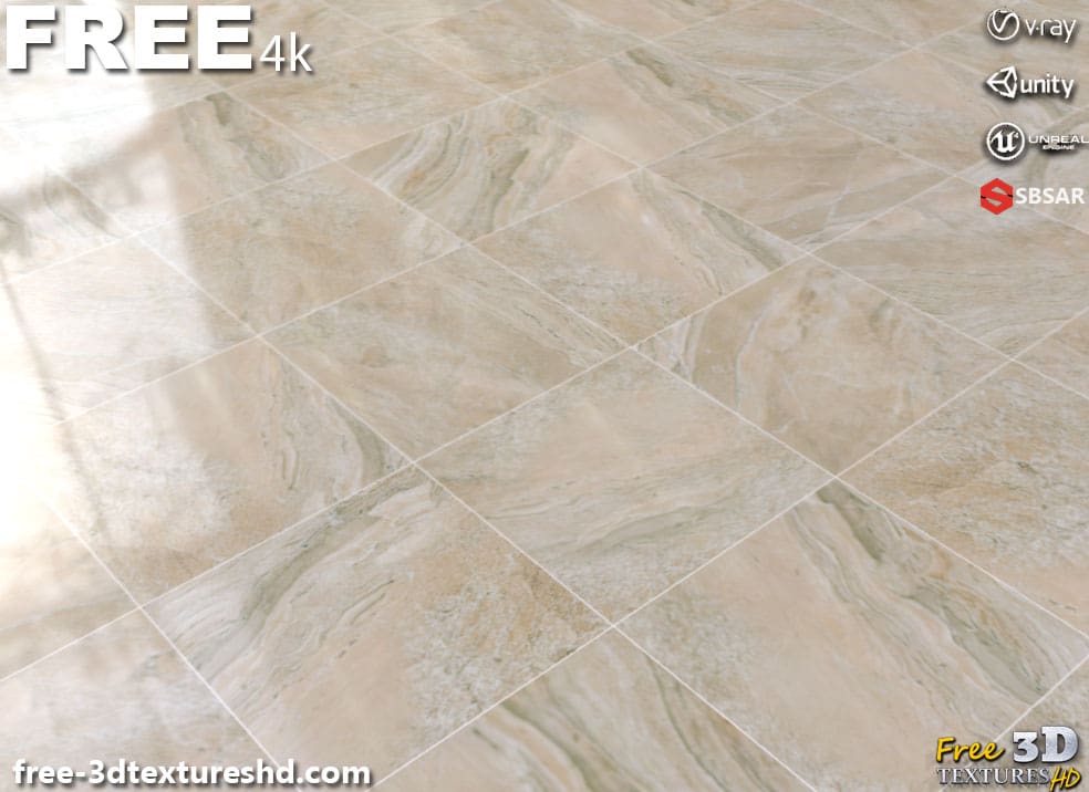 Téléchargement gratuit de texture de carrelage en marbre beige SBSAR PBR 4K haute résolution pour Unity, Unreal Engine et Vray