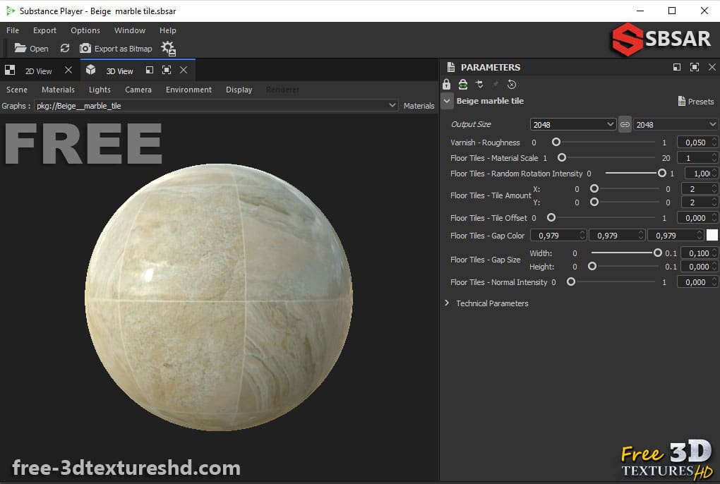 Téléchargement gratuit de texture de carrelage en marbre beige SBSAR PBR 4K pour Unity Unreal Vray
