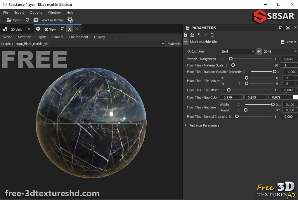 Téléchargement gratuit de texture de carreaux de marbre noir SBSAR PBR haute résolution Unity Unreal Vray